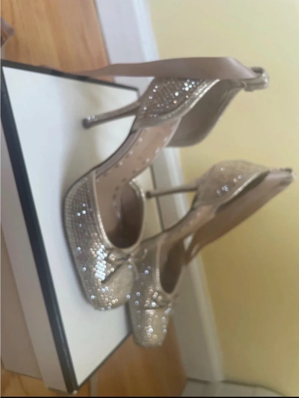 Steve Madden Rhinestone Champagne Heels with Ankle Ribbons